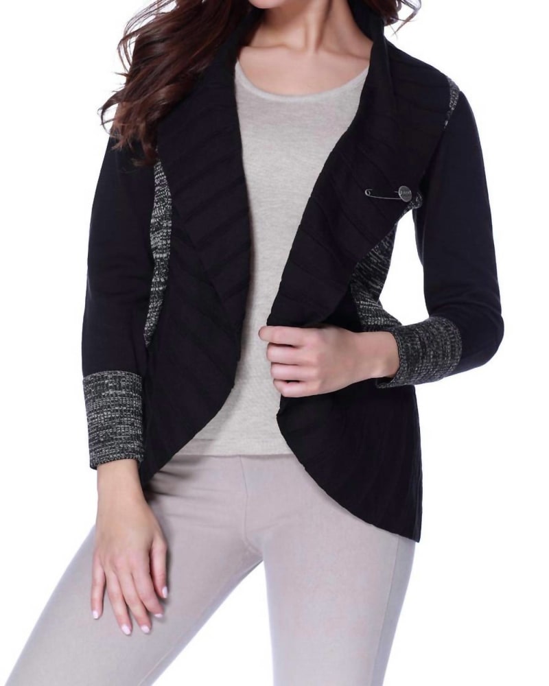 Front of a model wearing a size XL Tweed Signature Wrap In Black/Stone in Black/Stone by ANGEL. | dia_product_style_image_id:355990